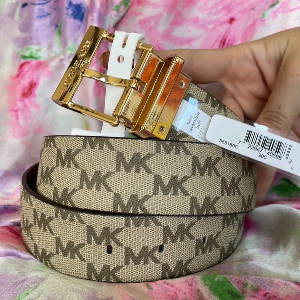 Brand New Michael Kors Genuine Leather Twist Reversible Gold Tone Buckle Belt - Picture 8 of 16